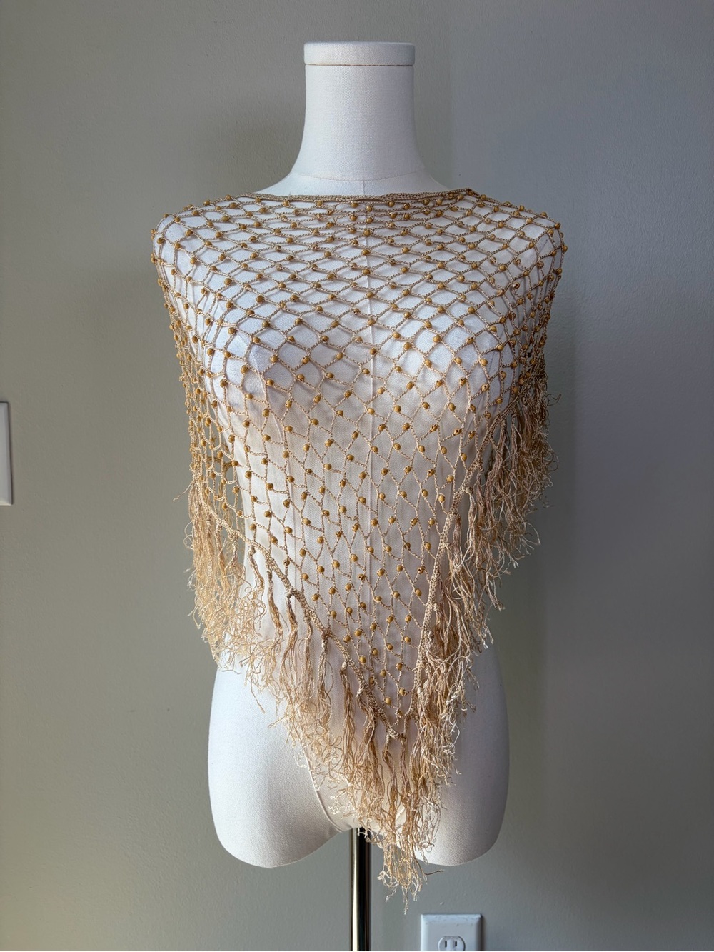 Boho Wooden Beaded Crochet Fringe Net Wrap Convertible Shawl Hip Scarf Festival - Picture 4 of 13